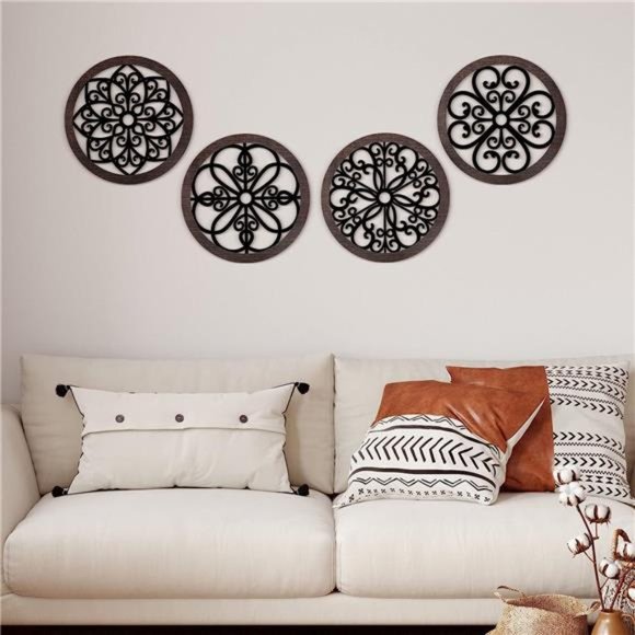 4-Piece Rustic Wooden Wall Art Set – Hollow Carved Round Designs, 16x16 Inch, Farmhouse Decor For Living Room, Bedroom, Kitchen - View #4